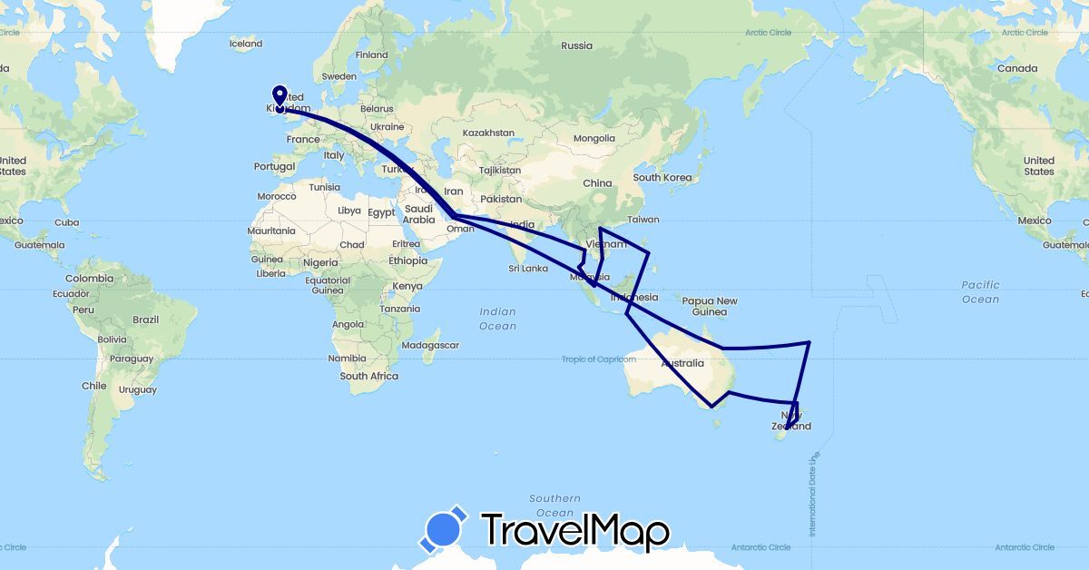 TravelMap itinerary: driving in United Arab Emirates, Australia, Fiji, Indonesia, Ireland, Malaysia, New Zealand, Philippines, Singapore, Thailand, Vietnam (Asia, Europe, Oceania)